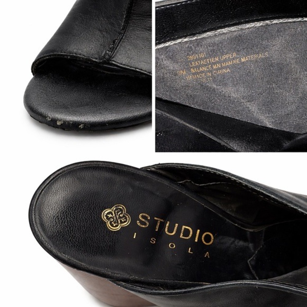 Peep Toe Studio Isola Black Soft Leather Leather Block Heel Mules Minimalist - Picture 4 of 5